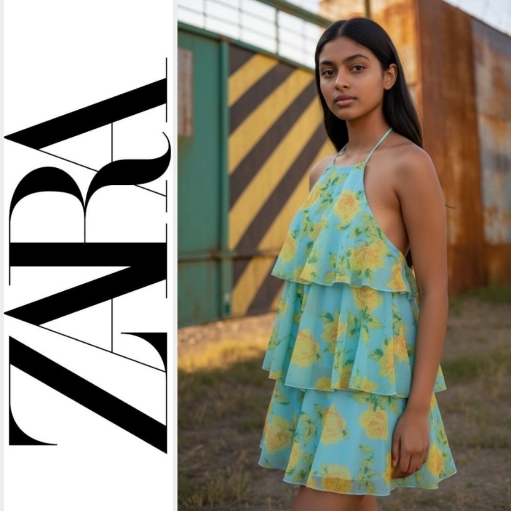 Zara Tulle Mesh Ruffle Halter Mini Dress